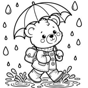 דף צביעה דב מתוק עם מטריה בגשם
