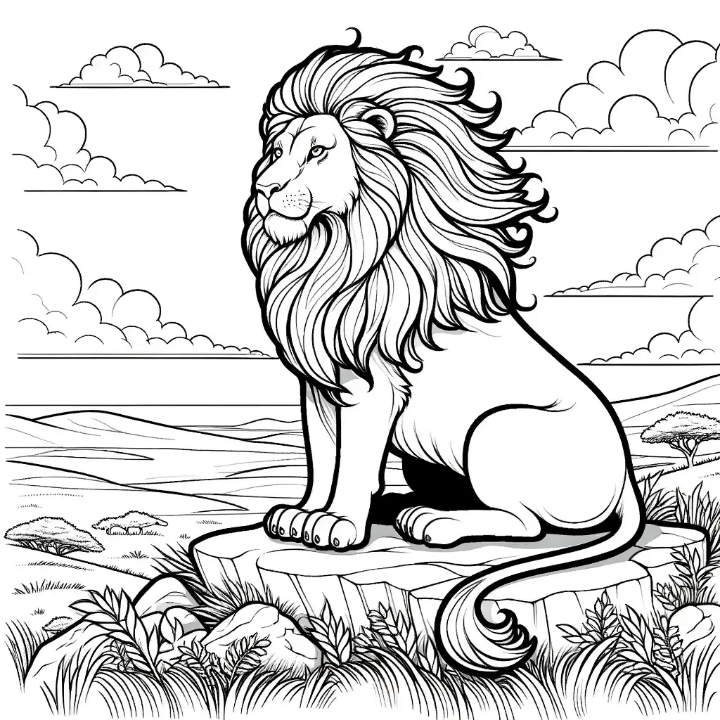 דף צביעה מלך האריות יושב על סלע