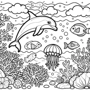 דף צביעה דולפין שוחה מול דג חמוד