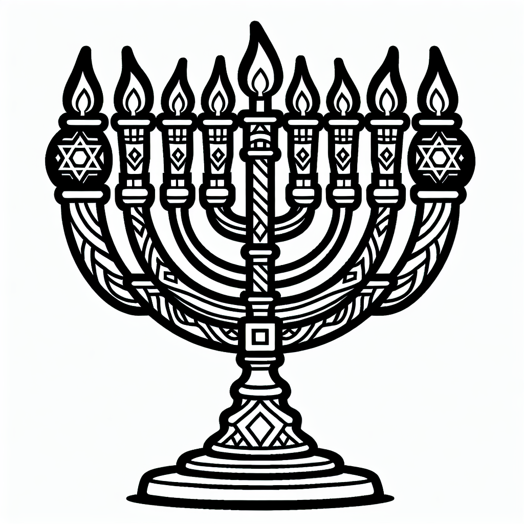 דף צביעה חנוכייה מצוירת עם שמונה להבות