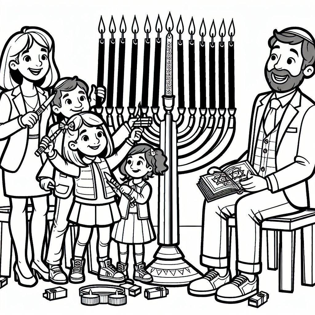 דף צביעה להדפסה – משפחה מדליקה חנוכייה יחד